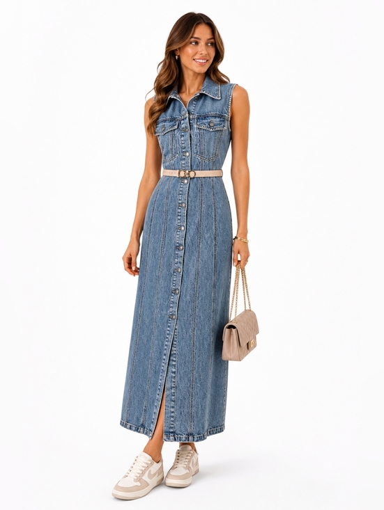 Sportmax Dresses & Skirts - SPORTMAX Catone Denim Maxi Dress Button Front Sleeveless Blue US 10 IT 44